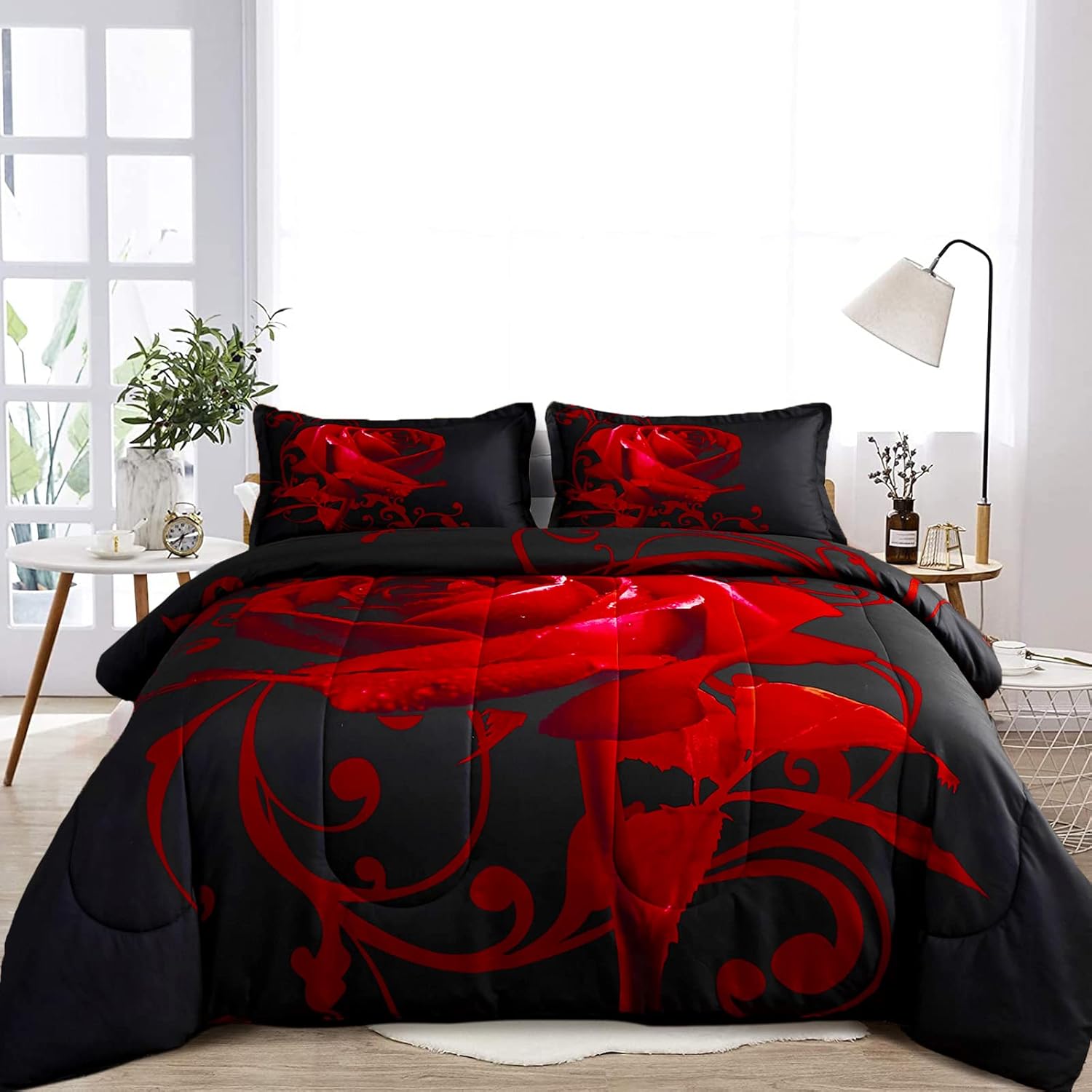 WONGS BEDDING Red Comforter Set Queen Reversible Red Rose Pattern Printed Bedding Down Comforter with 2 Pillowcases for All Seasons, Soft Microfiber Lightweight Bedding Set 90"x90"