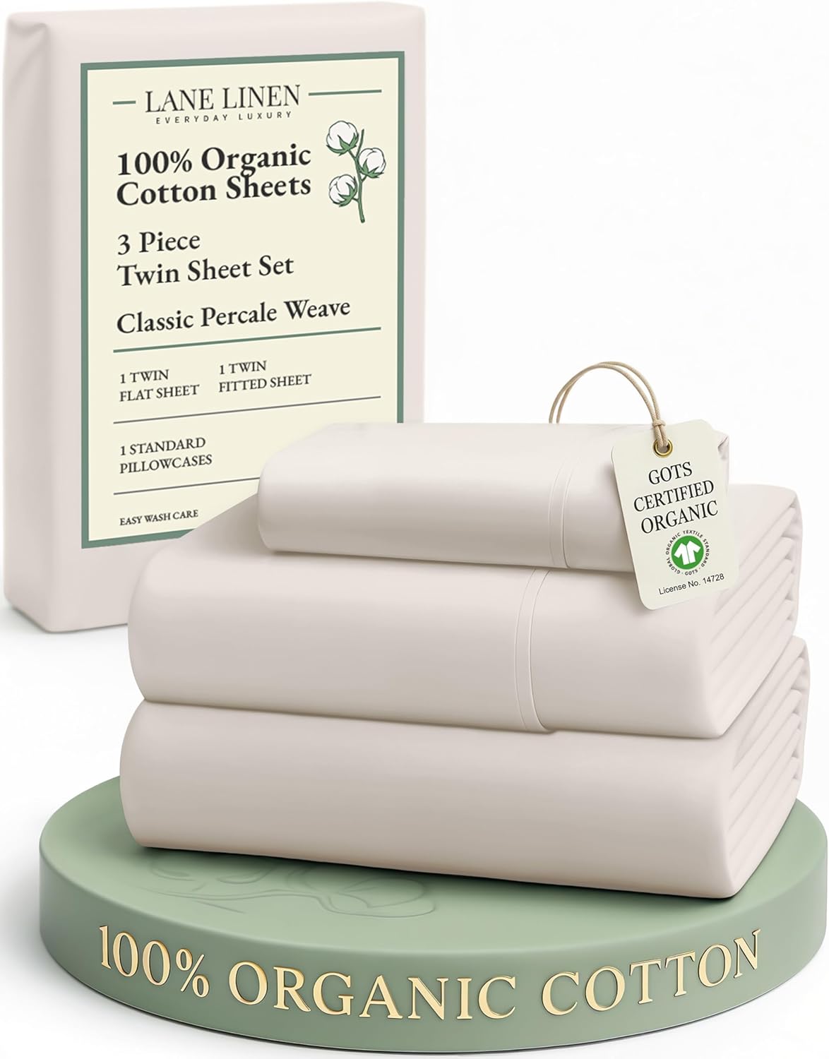 LANE LINEN 100% Organic Cotton King Size Sheets Set, Soft & Comfy All Season Breathable Sheets King Size, Percale Weave Fully Elasticized Eco Friendly Naturally Cooling King White Bed Sheets