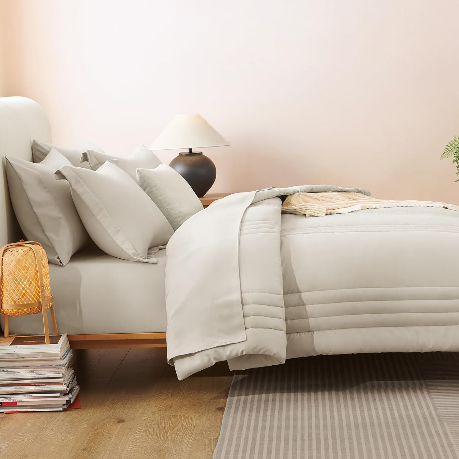 CozyLux Queen Comforter Set - 7 Pieces Bed in a Bag Beige Comforters Queen Size Bed Set, Soft Bedding Set with All Seasons Comforter, Sheets, Pillowcases & Shams