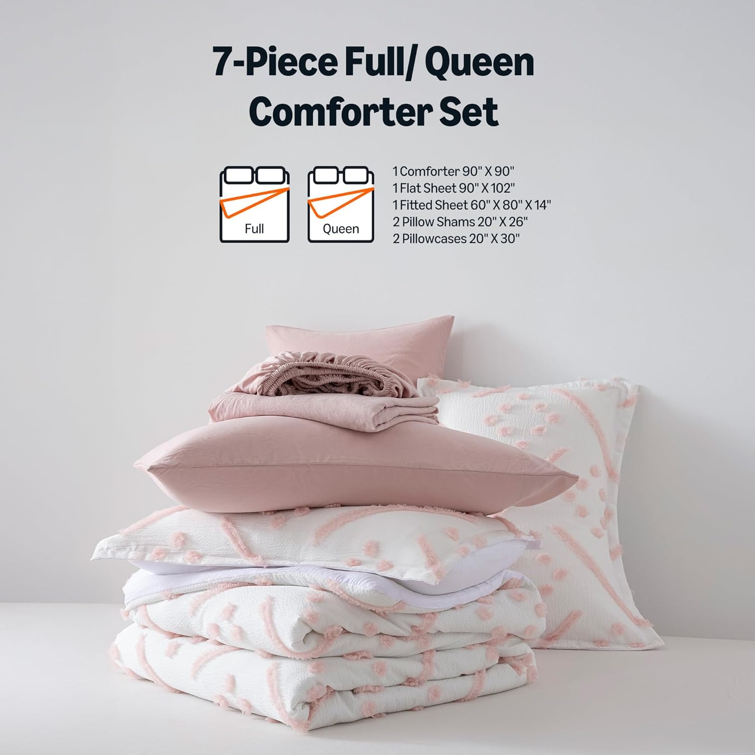 Amazon Basics 7-Piece Kids' Bed-in-a-Bag, Jacquard Microfiber Bedding Set with Comforter, Sheets, Pillowcases and Pillow Covers, All-Season, Pink Tufted, Full/Queen