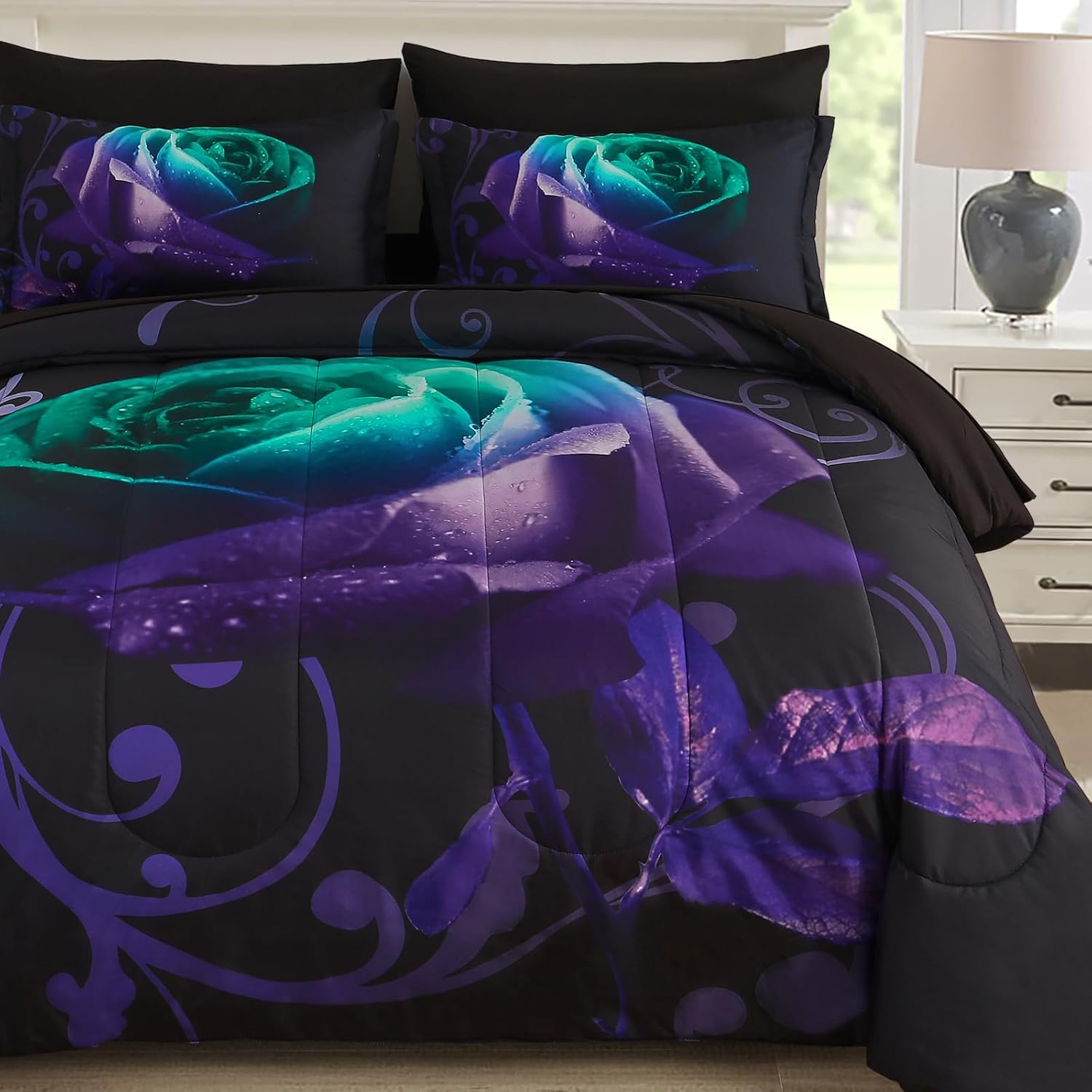 WONGS BEDDING Red Comforter Set Queen, Reversible Red Rose 7 Pieces Bed in a Bag, Lightweight Soft Microfiber Bedding Sets with Comforter, Flat Sheet, Fitted Sheet, Pillowcases & Shams