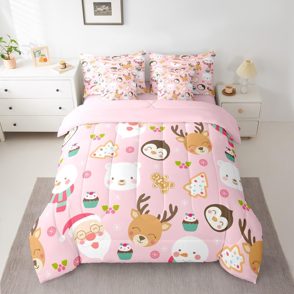 Pink Christmas 7 Piece Bedding Set Full Size Merry Christmas Snowman Bed in a Bag for Boys Girls Bedroom Decor Santa Claus Comforter Set with Sheets,Pillowcases & Cushion Cover Soft Xmas Tree Deer