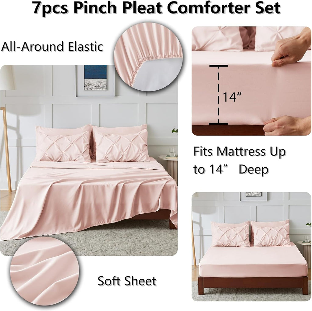 CozyLux Full Size Comforter Sets Blush Pink, 7 Pieces Pintuck Bed in A Bag Pink Comforter Full Size, Pinch Pleat Bedding Sets with All Season Comforter, Sheets, Pillowcases & Shams