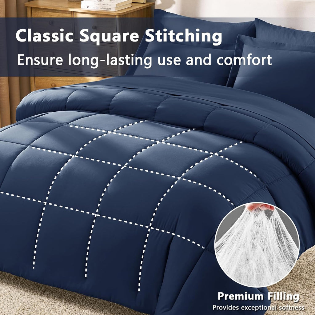 CozyLux Navy Blue Queen Comforter Set with Sheets - 7 Pieces Bed in a Bag Queen Bedding Sets, All Season Soft 7PC Bed Set with Navy Comforter, Flat Sheet, Fitted Sheet, Pillowcases & Pillow Shams