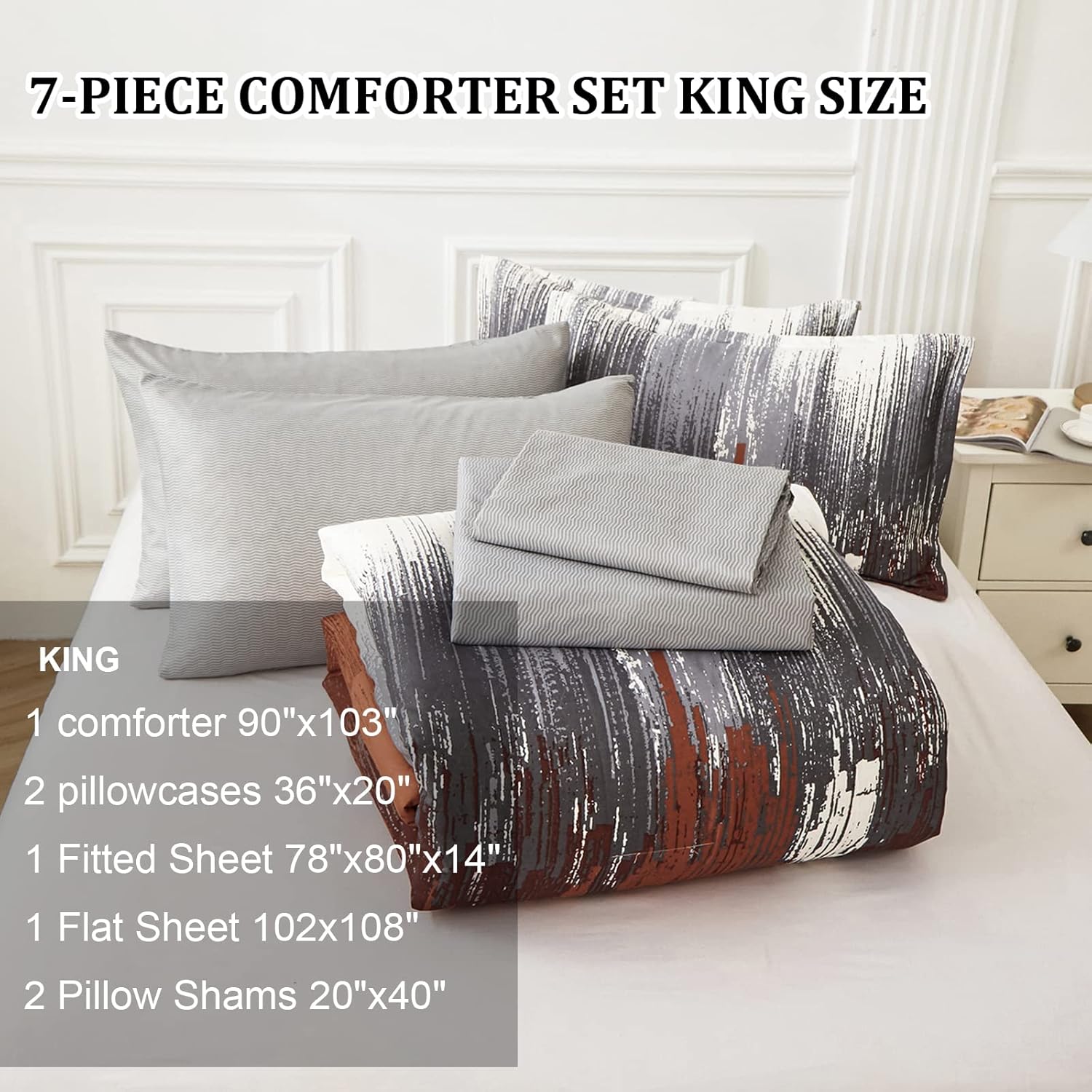 WONGS BEDDING Comforter Set King, Thanksgiving Burnt Orange 7 Pieces Bed in a Bag Abstract Gradient Soft Microfiber Fall Terracotta Bedding Set with Flat Sheet, Fitted Sheet, Pillow Shams, Pillowcases