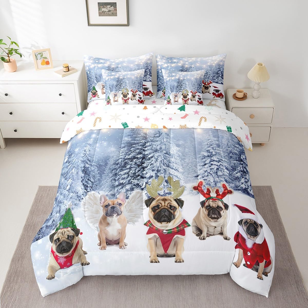 Pink Christmas 7 Piece Bedding Set Full Size Merry Christmas Snowman Bed in a Bag for Boys Girls Bedroom Decor Santa Claus Comforter Set with Sheets,Pillowcases & Cushion Cover Soft Xmas Tree Deer