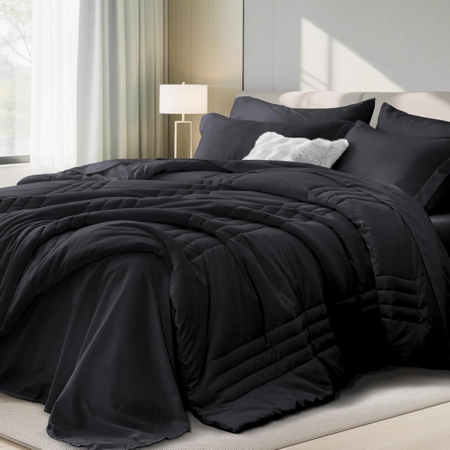 Queen Comforter Set Black - Bed in a Bag Queen Size 7 Pieces, Soft Bedding Set for All Seasons, Premium Queen Comforter Set with Comforter, Sheets, Pillowcases & Shams