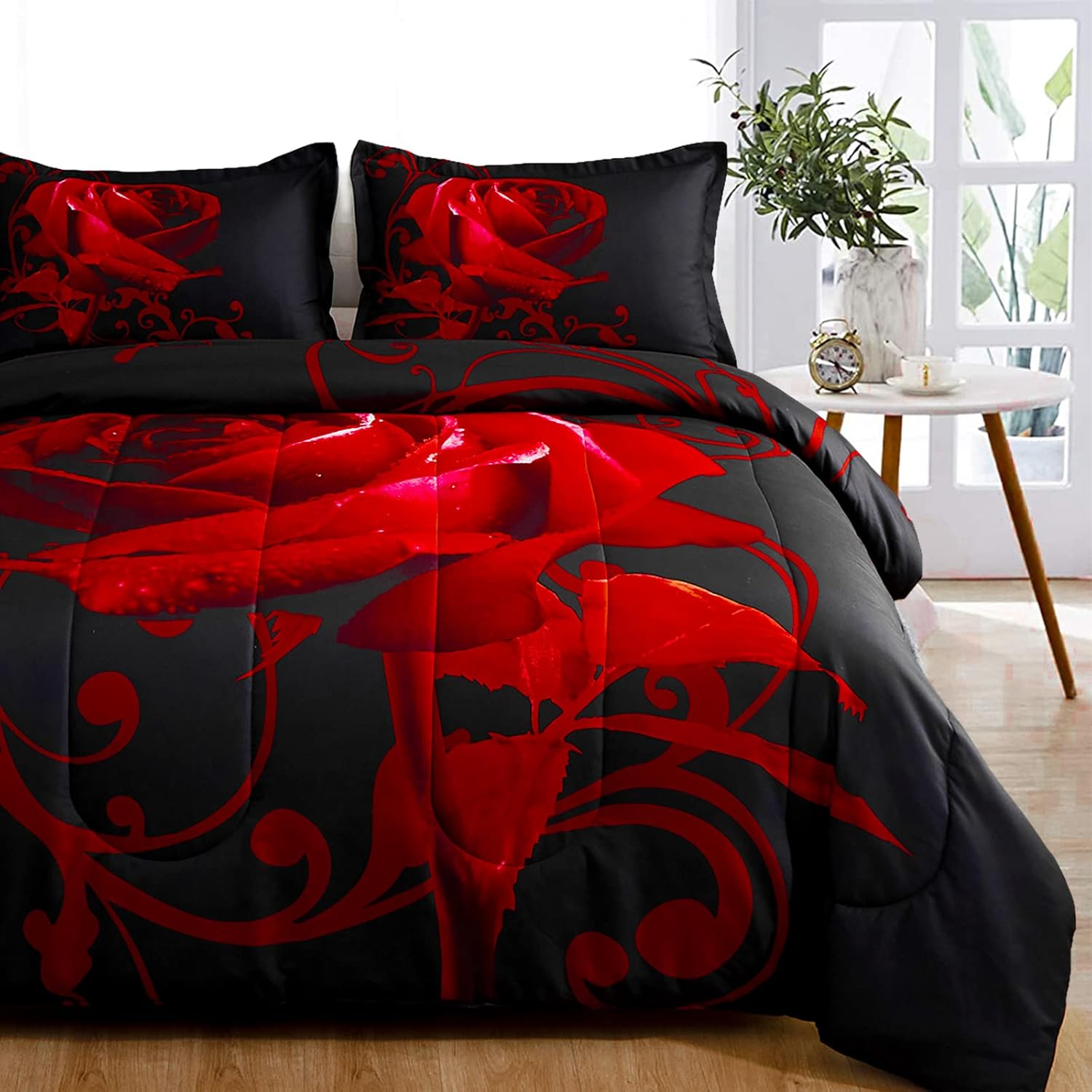 WONGS BEDDING Red Comforter Set Queen Reversible Red Rose Pattern Printed Bedding Down Comforter with 2 Pillowcases for All Seasons, Soft Microfiber Lightweight Bedding Set 90"x90"