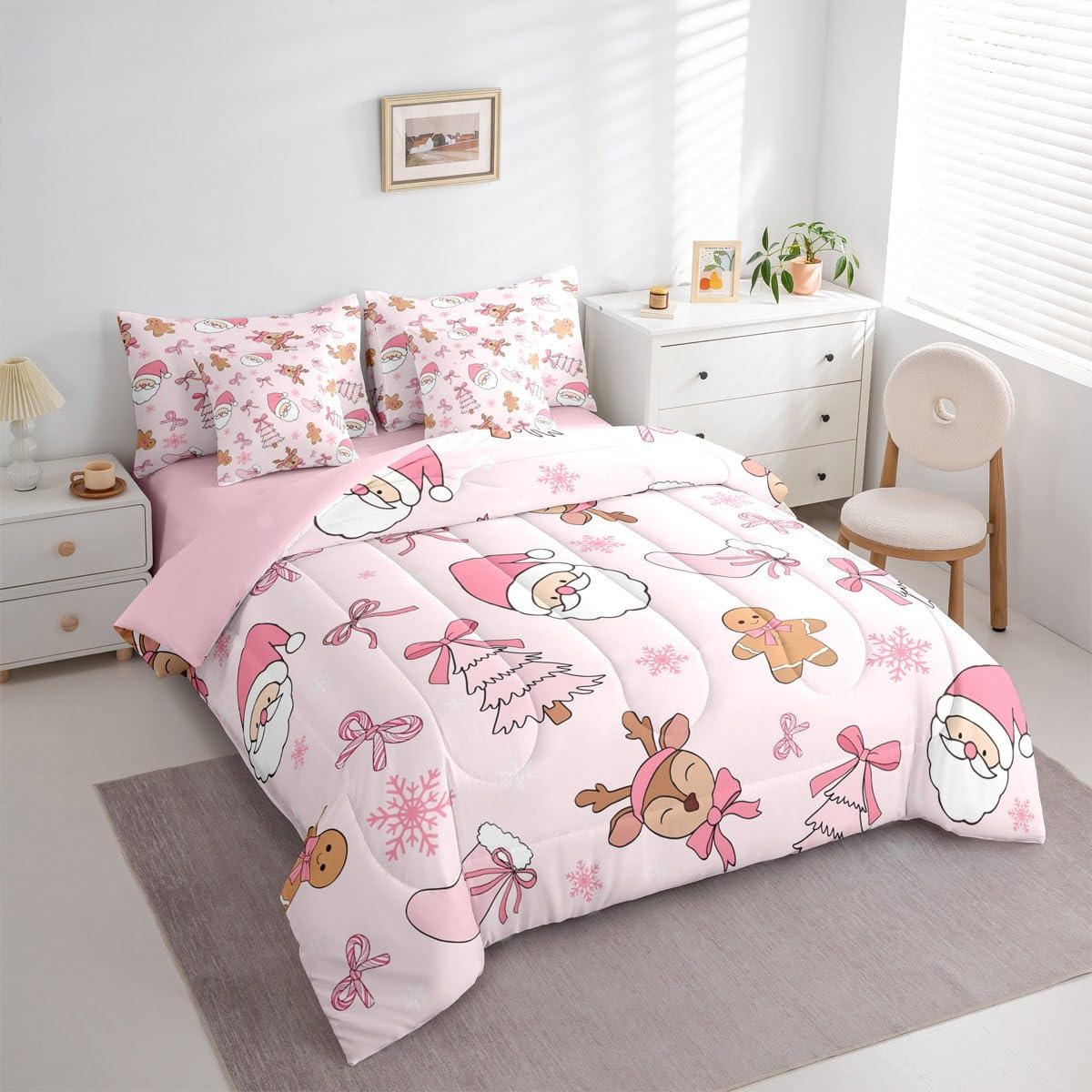Pink Christmas 7 Piece Bedding Set Full Size Merry Christmas Snowman Bed in a Bag for Boys Girls Bedroom Decor Santa Claus Comforter Set with Sheets,Pillowcases & Cushion Cover Soft Xmas Tree Deer