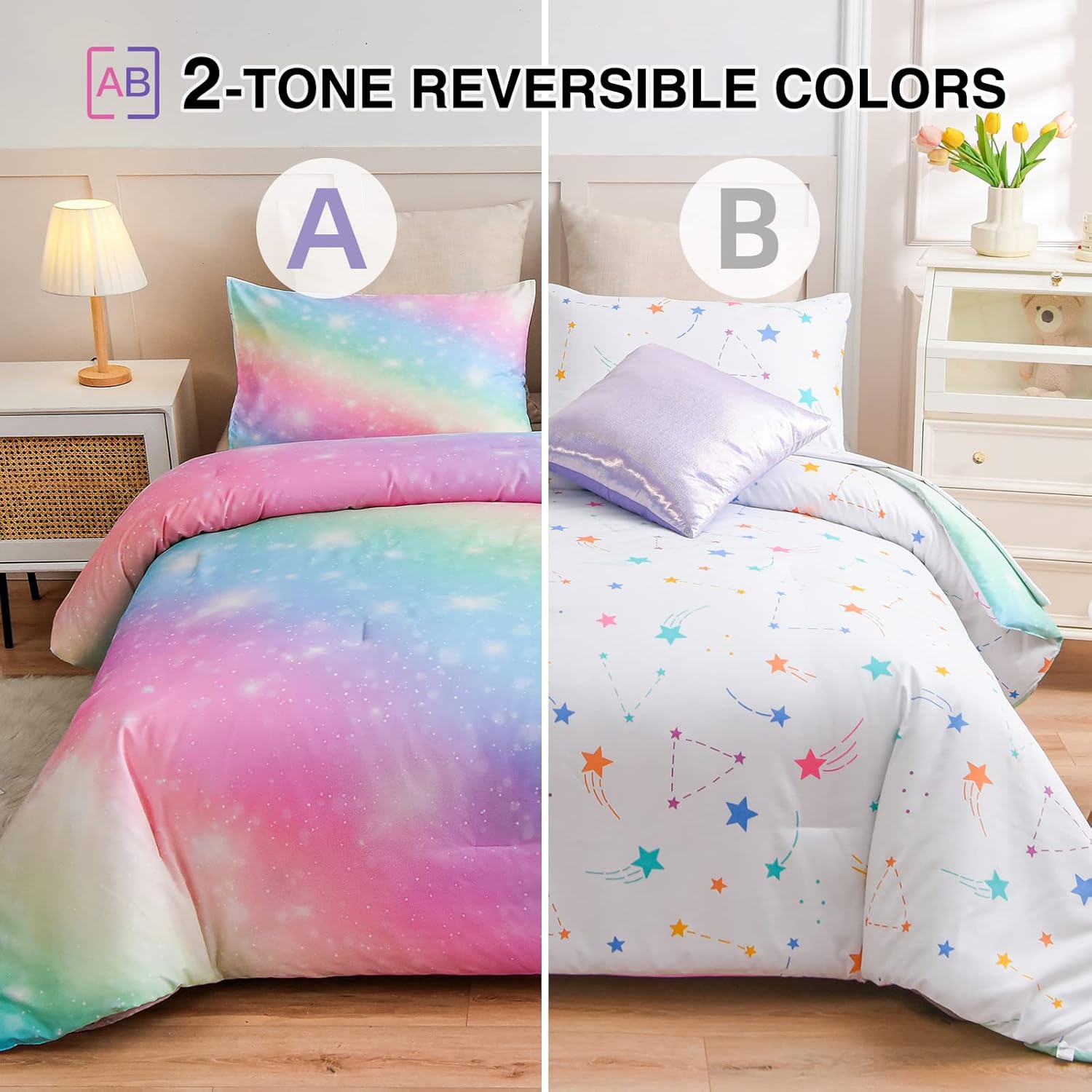 A Nice Night 6Pcs Gradient Glitter Bedding Set for Girls Full Size, Colorful Rainbow Galaxy Comforter Set, Ultra Soft Bedding Sets, Pink