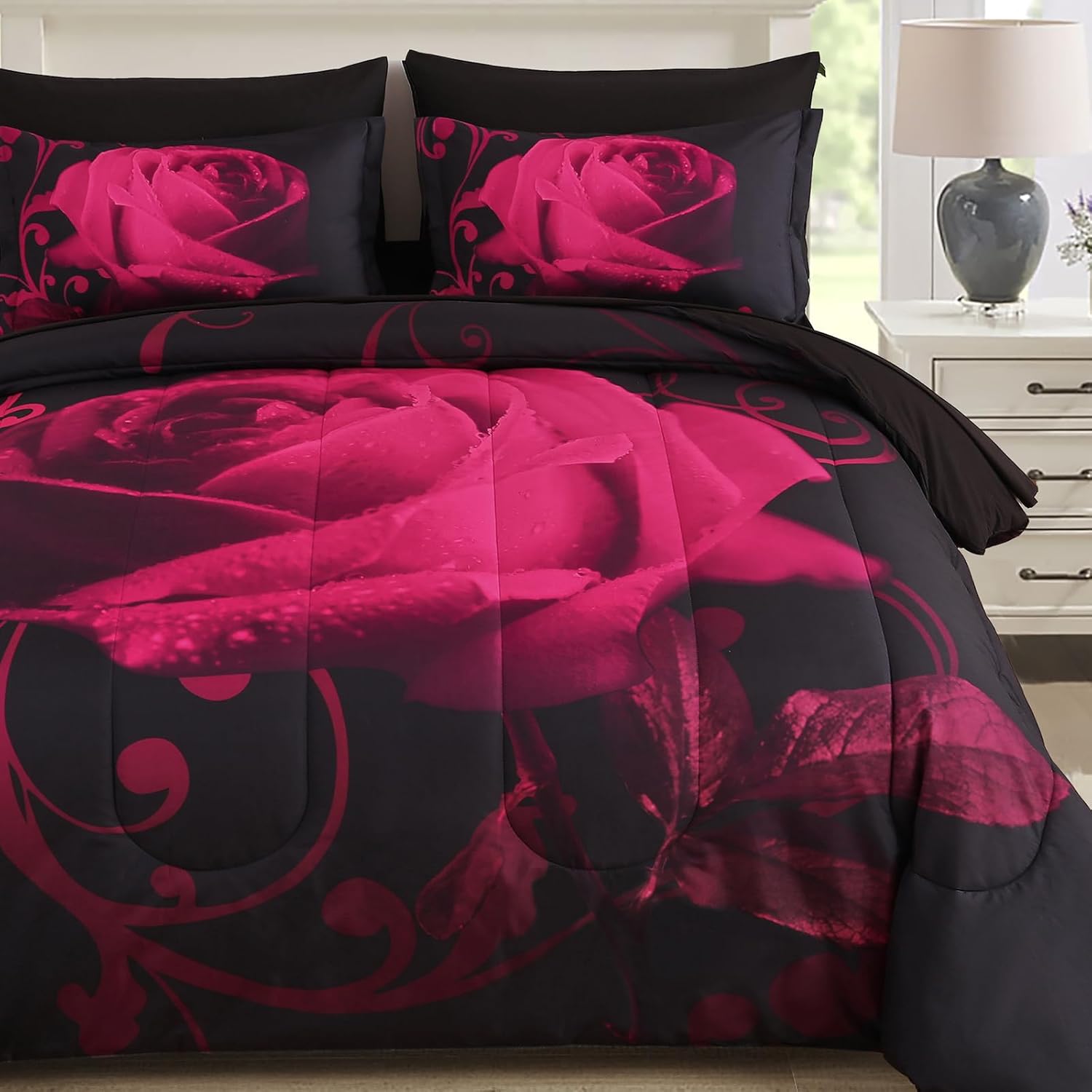 WONGS BEDDING Red Comforter Set Queen, Reversible Red Rose 7 Pieces Bed in a Bag, Lightweight Soft Microfiber Bedding Sets with Comforter, Flat Sheet, Fitted Sheet, Pillowcases & Shams