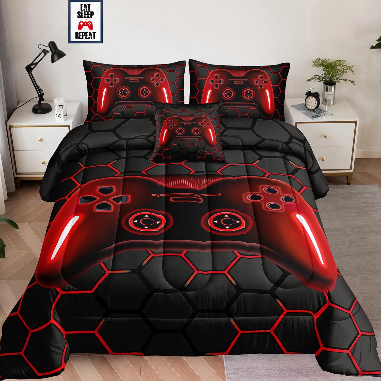 6 Pieces Bed in a Bag for Boys Bedding Sets Queen Size,Gamer Comforter Sets for Boys Kids, Gaming Comforter Set for Teens Room Decor with Flat Sheet,Fitted Sheet,Pillowcase,Cushion Cover