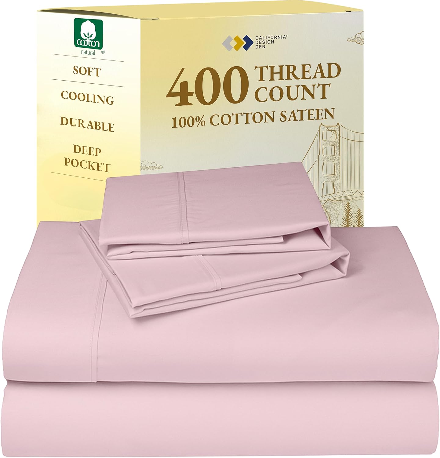 California Design Den King Size Sheets Set - Soft 400 Thread Count Sateen, Natural 100% Cotton Sheets King Size, Deep Pockets with All Around Elastic for a Snug Fit, Cool & Durable Bedding - White