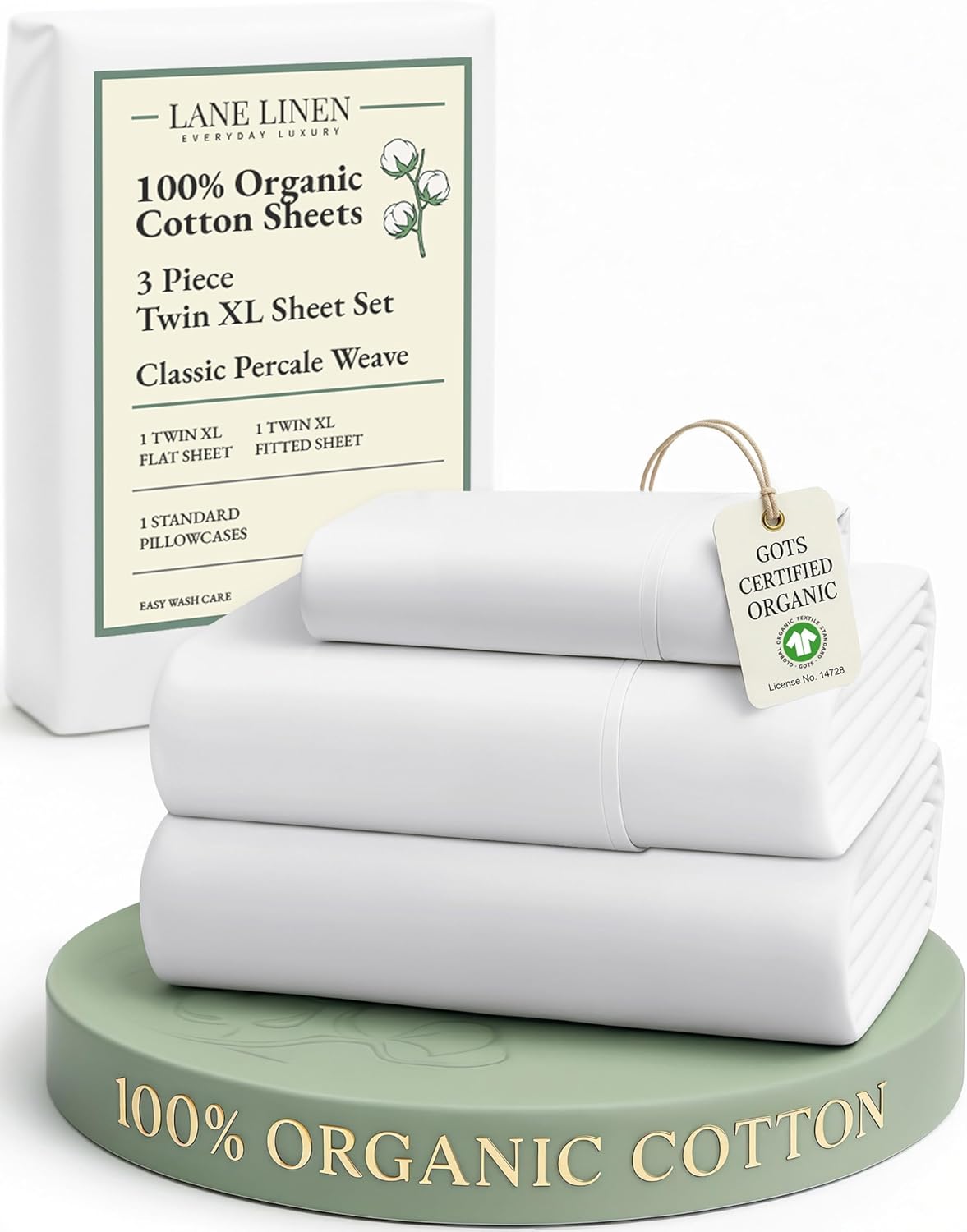 LANE LINEN 100% Organic Cotton King Size Sheets Set, Soft & Comfy All Season Breathable Sheets King Size, Percale Weave Fully Elasticized Eco Friendly Naturally Cooling King White Bed Sheets