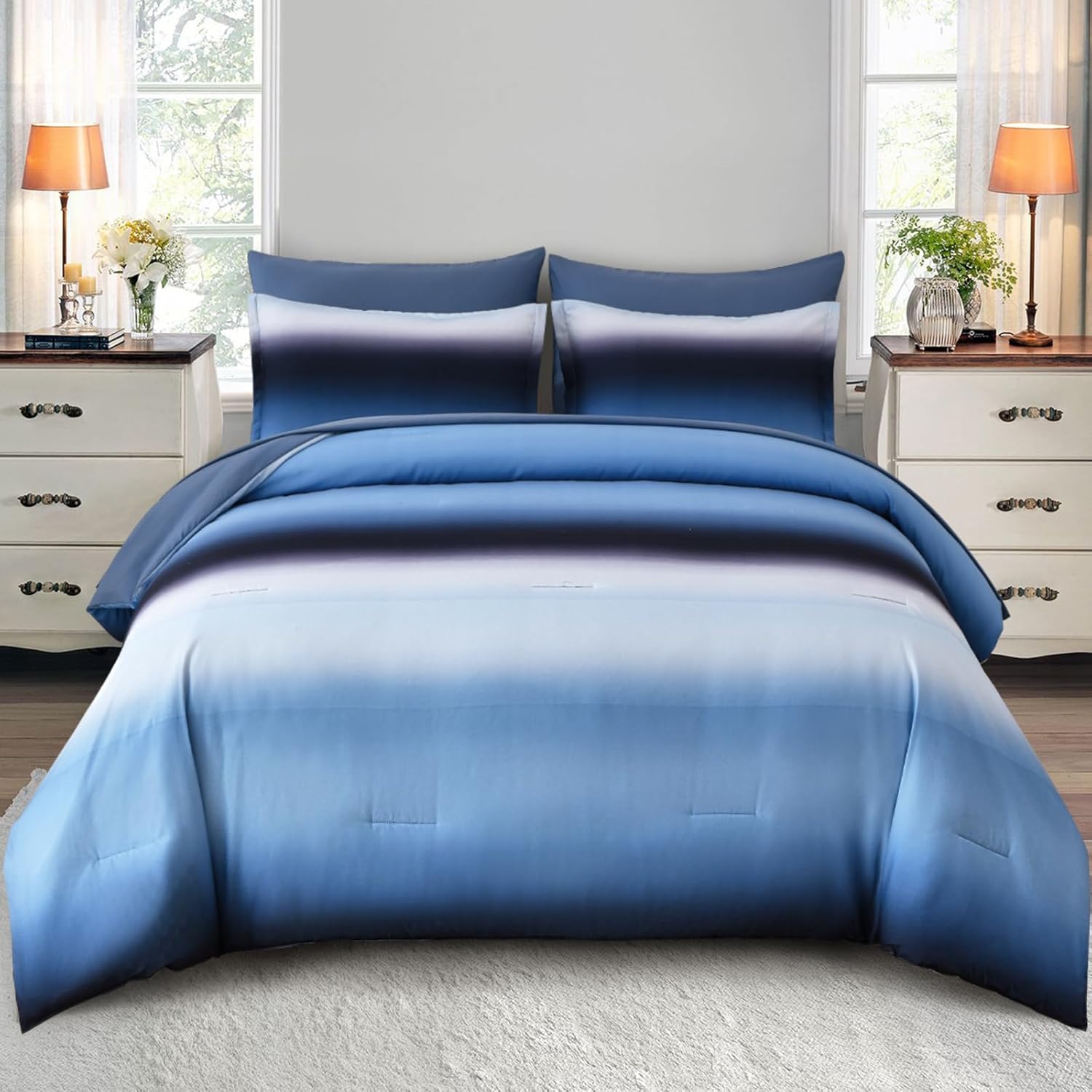 Ombre Blue Comforter Set King Size Reversible Gradient Blue Grey Boho Bedding Set for Men Women 8 Pieces Bed in A Bag Bohemian Bed Set With Comforter, Sheets, Pillowcases & Shams, Cushion Cover