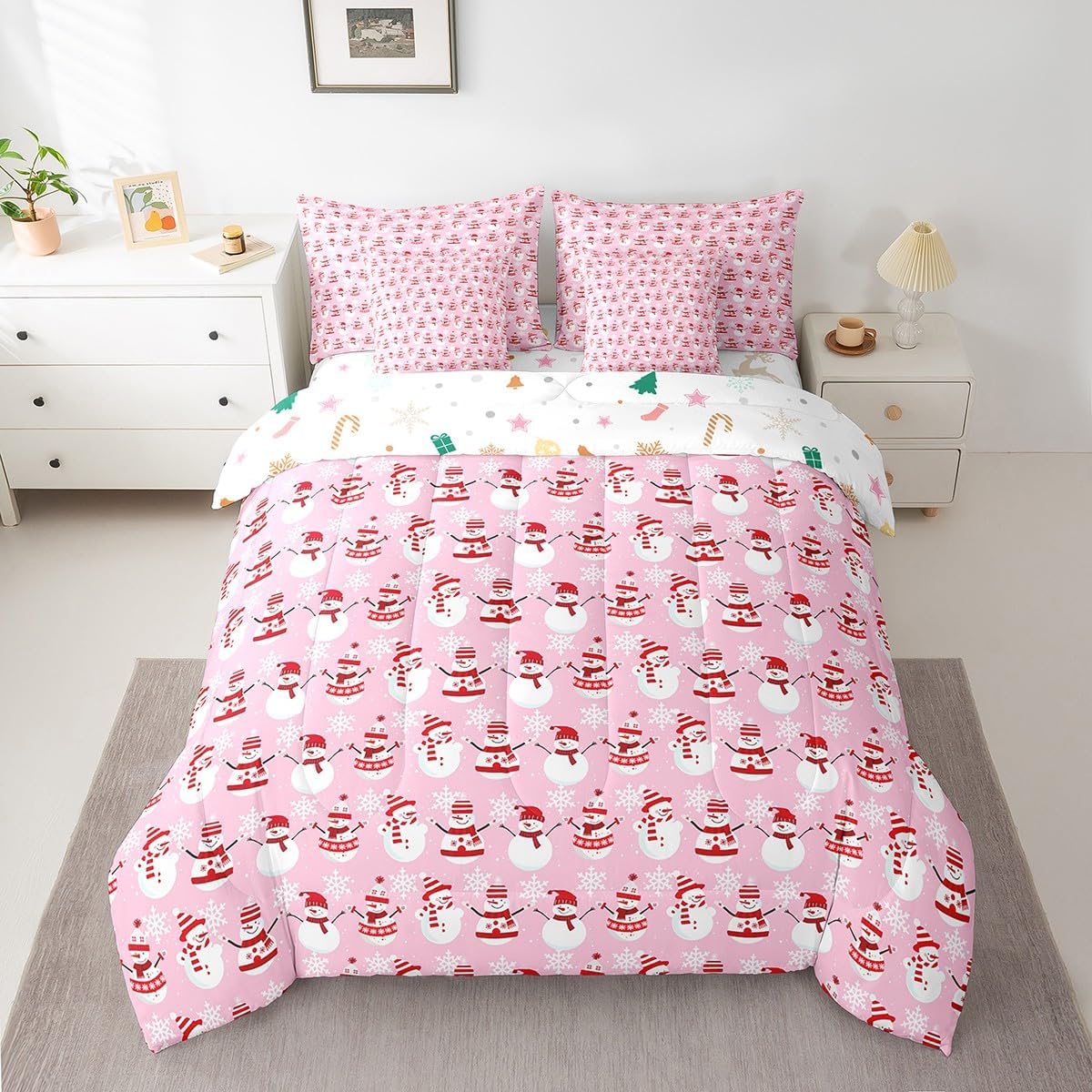 Pink Christmas 7 Piece Bedding Set Full Size Merry Christmas Snowman Bed in a Bag for Boys Girls Bedroom Decor Santa Claus Comforter Set with Sheets,Pillowcases & Cushion Cover Soft Xmas Tree Deer