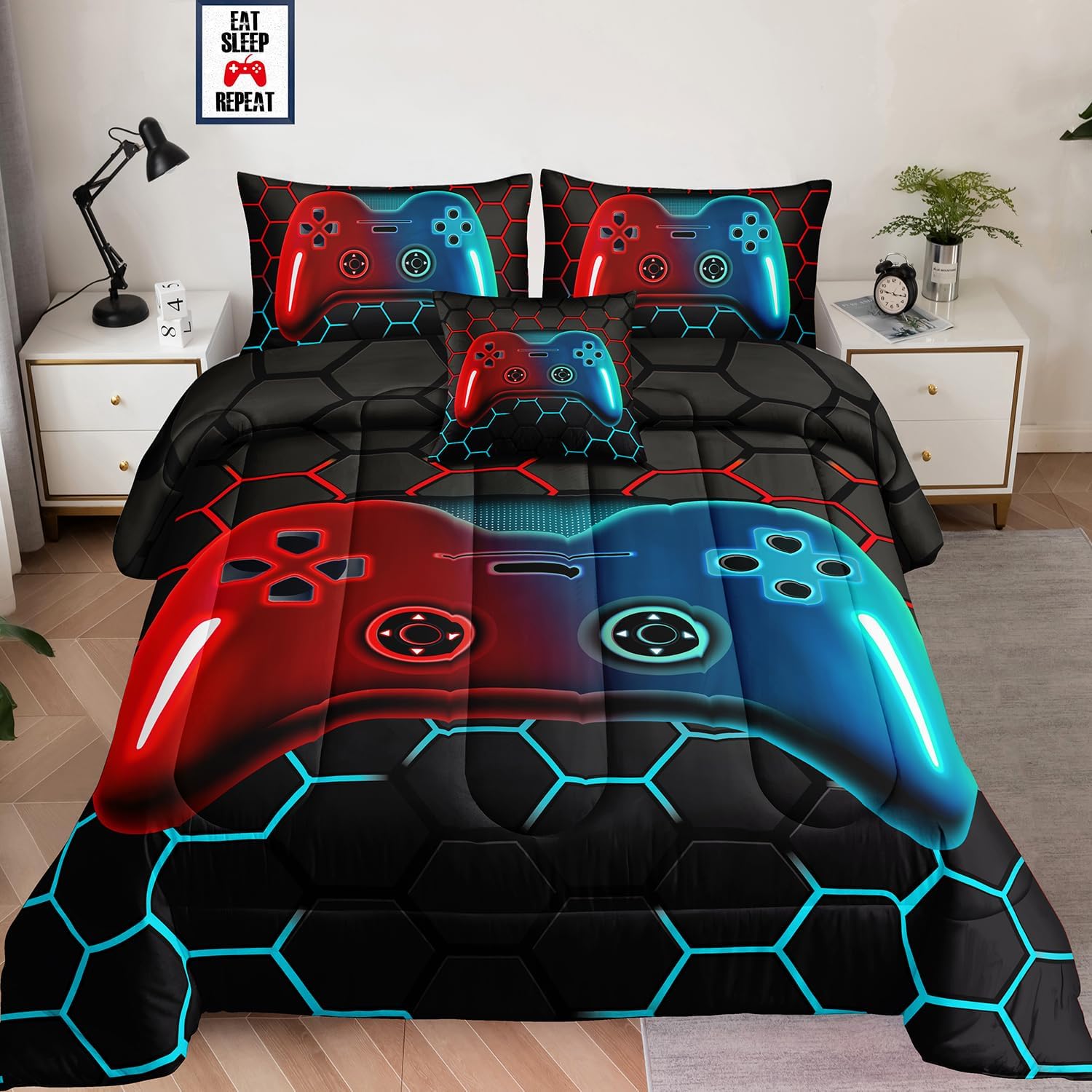 6 Pieces Bed in a Bag for Boys Bedding Sets Queen Size,Gamer Comforter Sets for Boys Kids, Gaming Comforter Set for Teens Room Decor with Flat Sheet,Fitted Sheet,Pillowcase,Cushion Cover