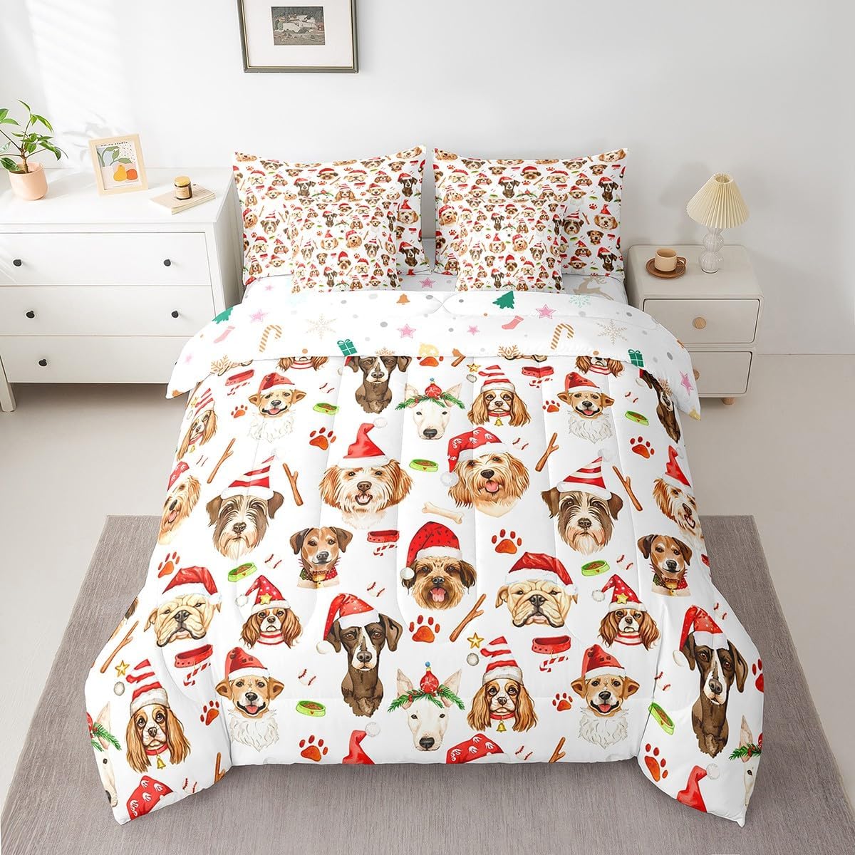 Pink Christmas 7 Piece Bedding Set Full Size Merry Christmas Snowman Bed in a Bag for Boys Girls Bedroom Decor Santa Claus Comforter Set with Sheets,Pillowcases & Cushion Cover Soft Xmas Tree Deer