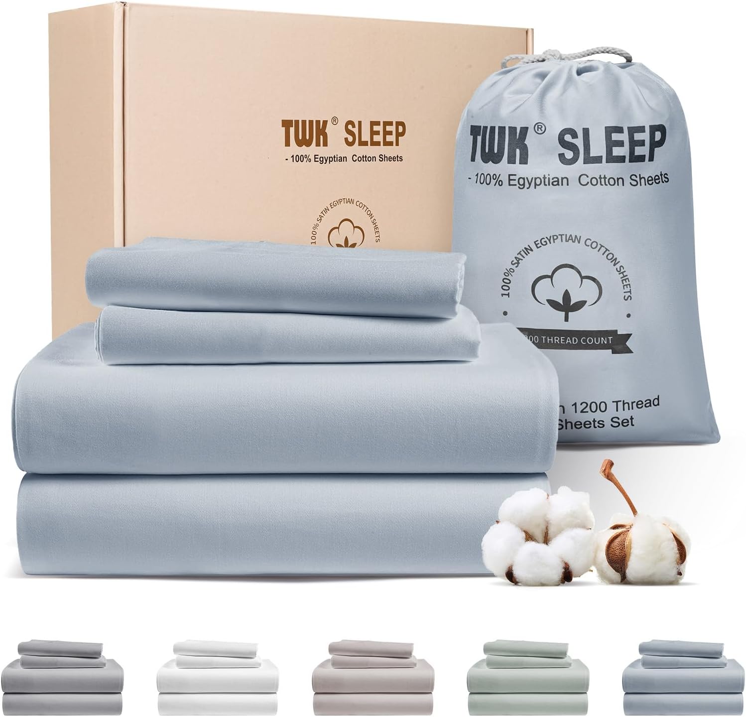 TWK 1200 TC 100% Egyptian Long-Staple Cotton Bedding Sheets Set, Luxury Hotel Style Deep Pocket with Elastic Reinforced Seams Sheet Set, Soft & Comfy Natural Sheets (Mineral, King)