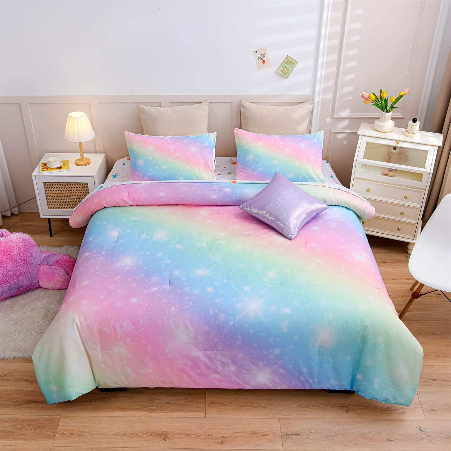 A Nice Night 6Pcs Gradient Glitter Bedding Set for Girls Full Size, Colorful Rainbow Galaxy Comforter Set, Ultra Soft Bedding Sets, Pink