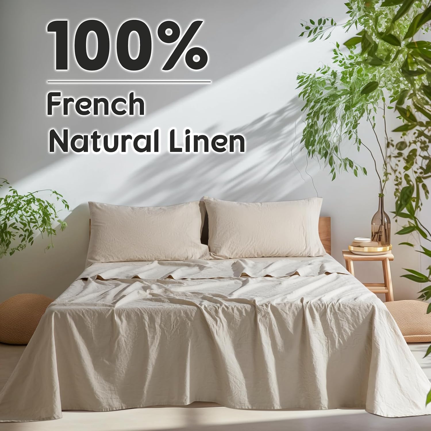 SONORO KATE 100% French Pure Linen Sheets, Breathable and Durable Linen Queen Size Sheets, Anti-Tear Linen Bed Sheets, Machine Washable, 16 Inch Deep Pocket - 4 Piece (Natural Linen, Queen)