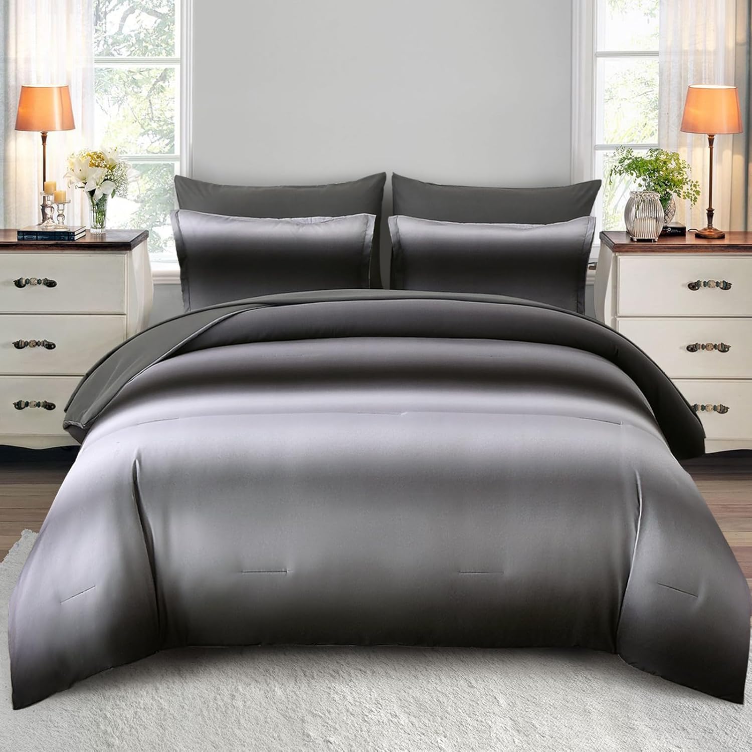 Ombre Blue Comforter Set King Size Reversible Gradient Blue Grey Boho Bedding Set for Men Women 8 Pieces Bed in A Bag Bohemian Bed Set With Comforter, Sheets, Pillowcases & Shams, Cushion Cover