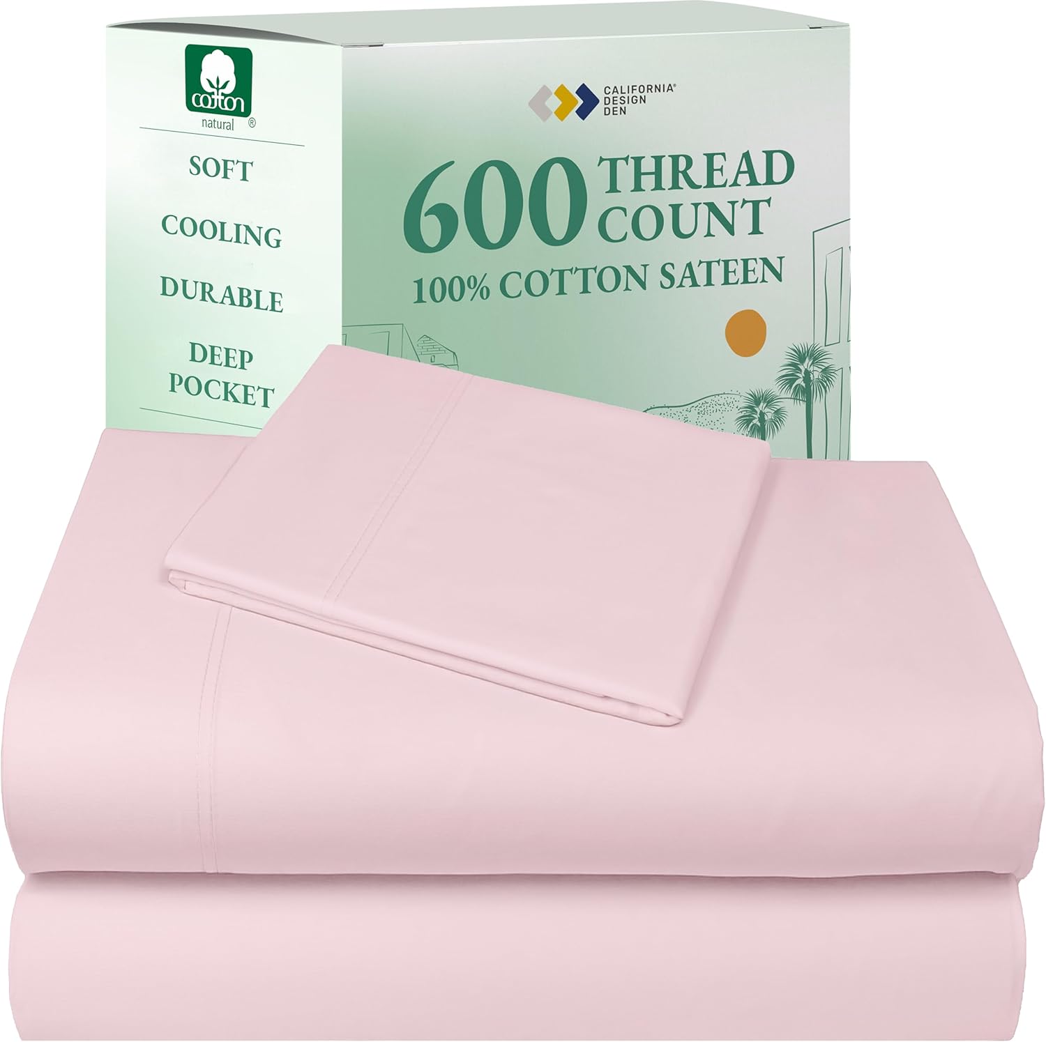 California Design Den Queen Sheet Set - Luxury 600 Thread Count Sateen, 100% Cotton Deep Pocket Queen Sheets with All Around Elastic, Snug Fit, Hotel Quality Bedding Set - White