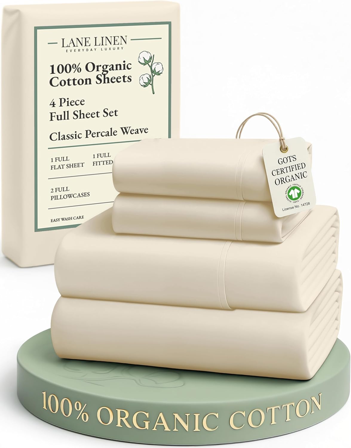 LANE LINEN 100% Organic Cotton King Size Sheets Set, Soft & Comfy All Season Breathable Sheets King Size, Percale Weave Fully Elasticized Eco Friendly Naturally Cooling King White Bed Sheets