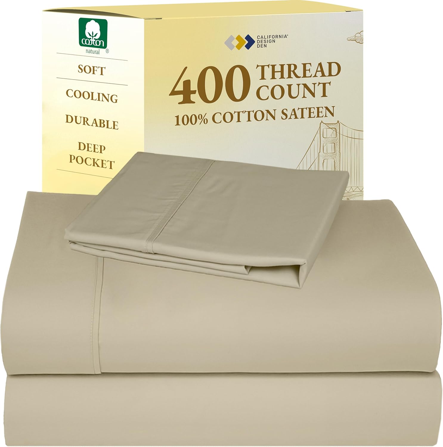 California Design Den King Size Sheets Set - Soft 400 Thread Count Sateen, Natural 100% Cotton Sheets King Size, Deep Pockets with All Around Elastic for a Snug Fit, Cool & Durable Bedding - White