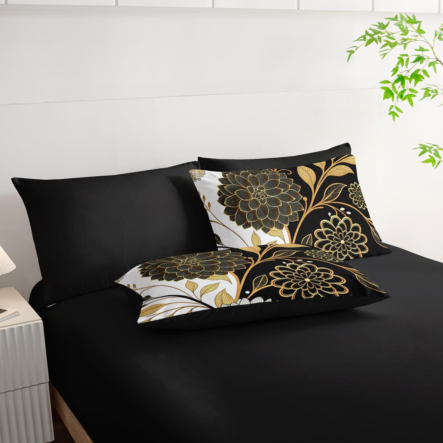 7pc Queen Comforter Set: Black & Gold Floral Bed in a Bag, Elegant Bedding with Sheets, Soft Microfiber, All Season Flower Design
