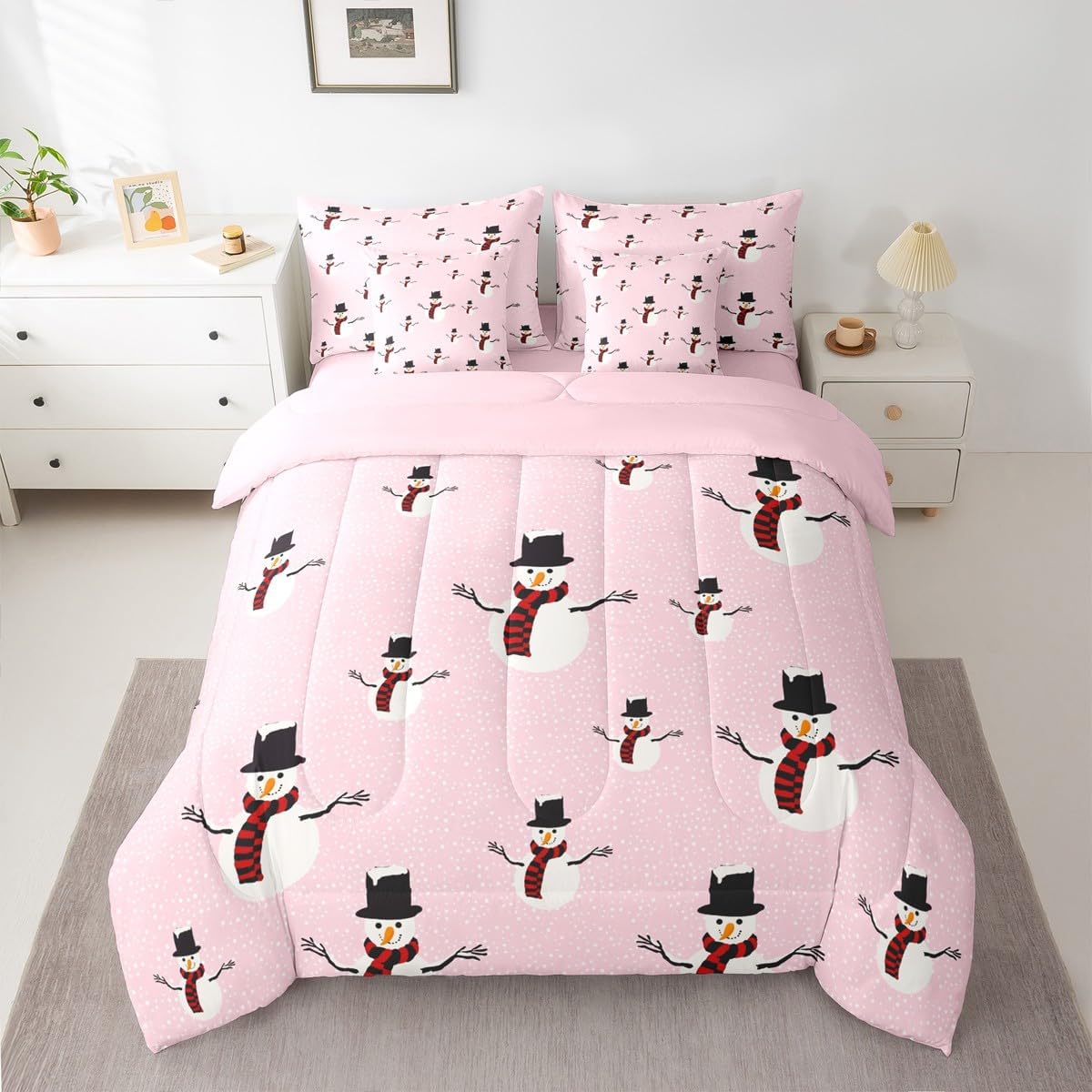 Pink Christmas 7 Piece Bedding Set Full Size Merry Christmas Snowman Bed in a Bag for Boys Girls Bedroom Decor Santa Claus Comforter Set with Sheets,Pillowcases & Cushion Cover Soft Xmas Tree Deer