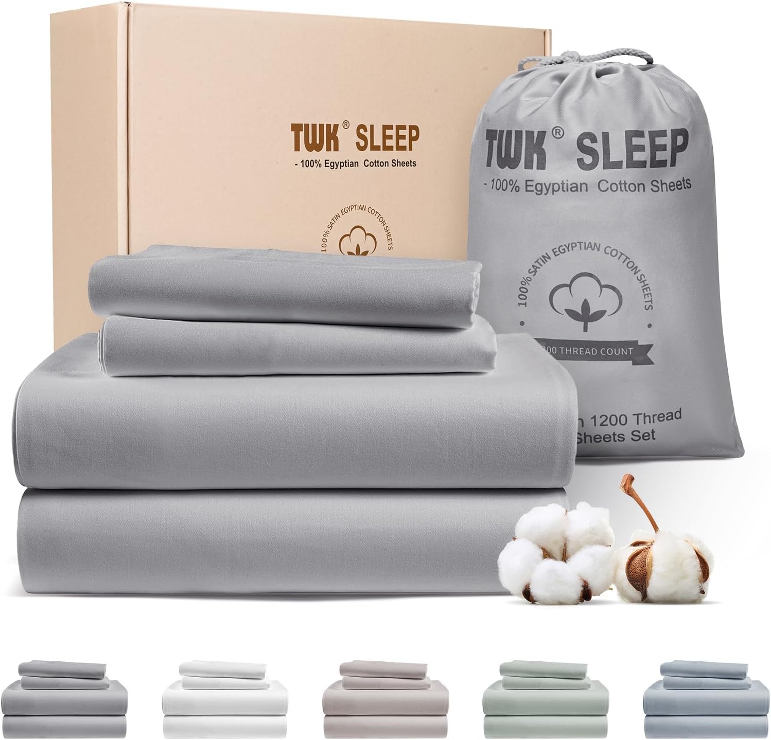 TWK 1200 TC 100% Egyptian Long-Staple Cotton Bedding Sheets Set, Luxury Hotel Style Deep Pocket with Elastic Reinforced Seams Sheet Set, Soft & Comfy Natural Sheets (Mineral, King)