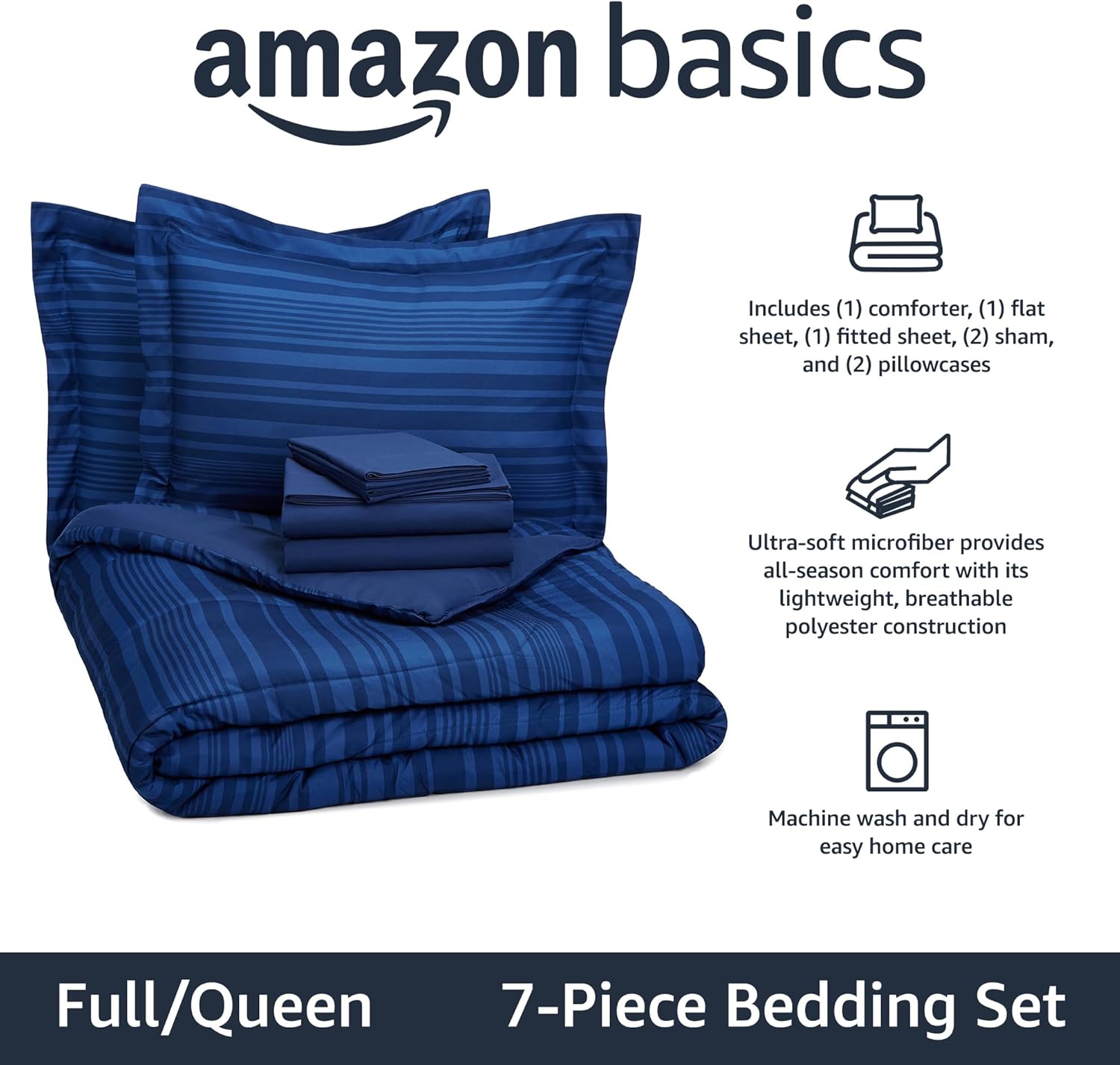 Amazon Basics Full/Queen Comforter Set with Sheets, 7-Piece Blue Calvin Striped Bedding, Lightweight Microfiber Bed-in-a-Bag