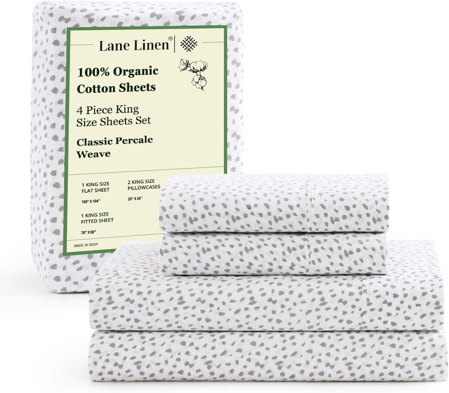 LANE LINEN 100% Organic Cotton King Size Sheets Set, Soft & Comfy All Season Breathable Sheets King Size, Percale Weave Fully Elasticized Eco Friendly Naturally Cooling King White Bed Sheets