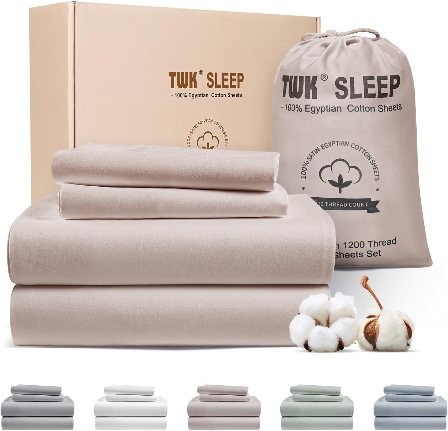 TWK 1200 TC 100% Egyptian Long-Staple Cotton Bedding Sheets Set, Luxury Hotel Style Deep Pocket with Elastic Reinforced Seams Sheet Set, Soft & Comfy Natural Sheets (Mineral, King)