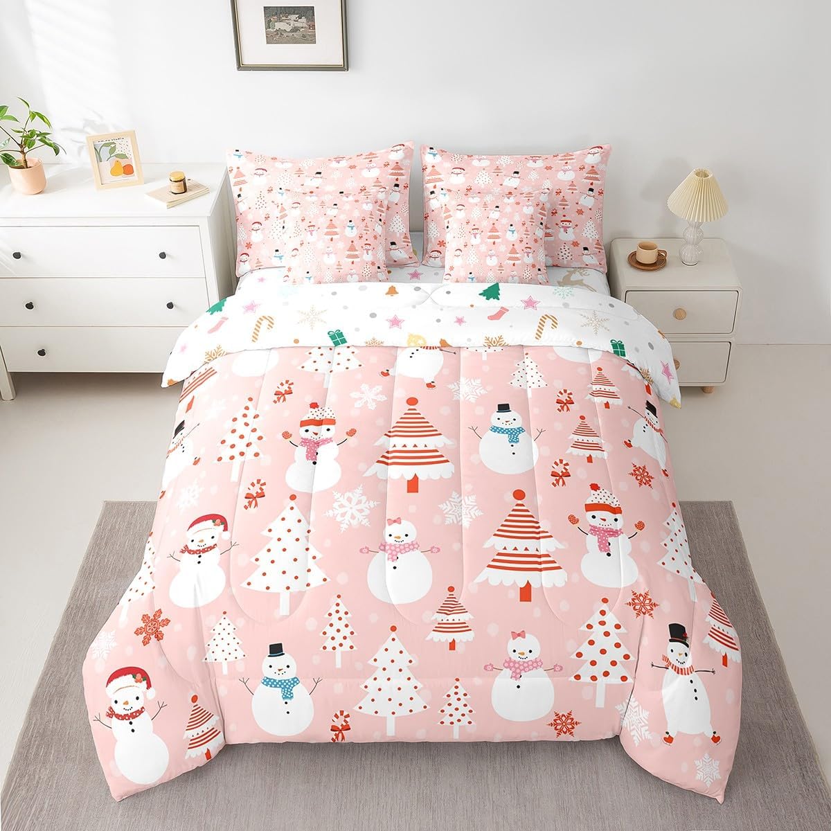 Pink Christmas 7 Piece Bedding Set Full Size Merry Christmas Snowman Bed in a Bag for Boys Girls Bedroom Decor Santa Claus Comforter Set with Sheets,Pillowcases & Cushion Cover Soft Xmas Tree Deer