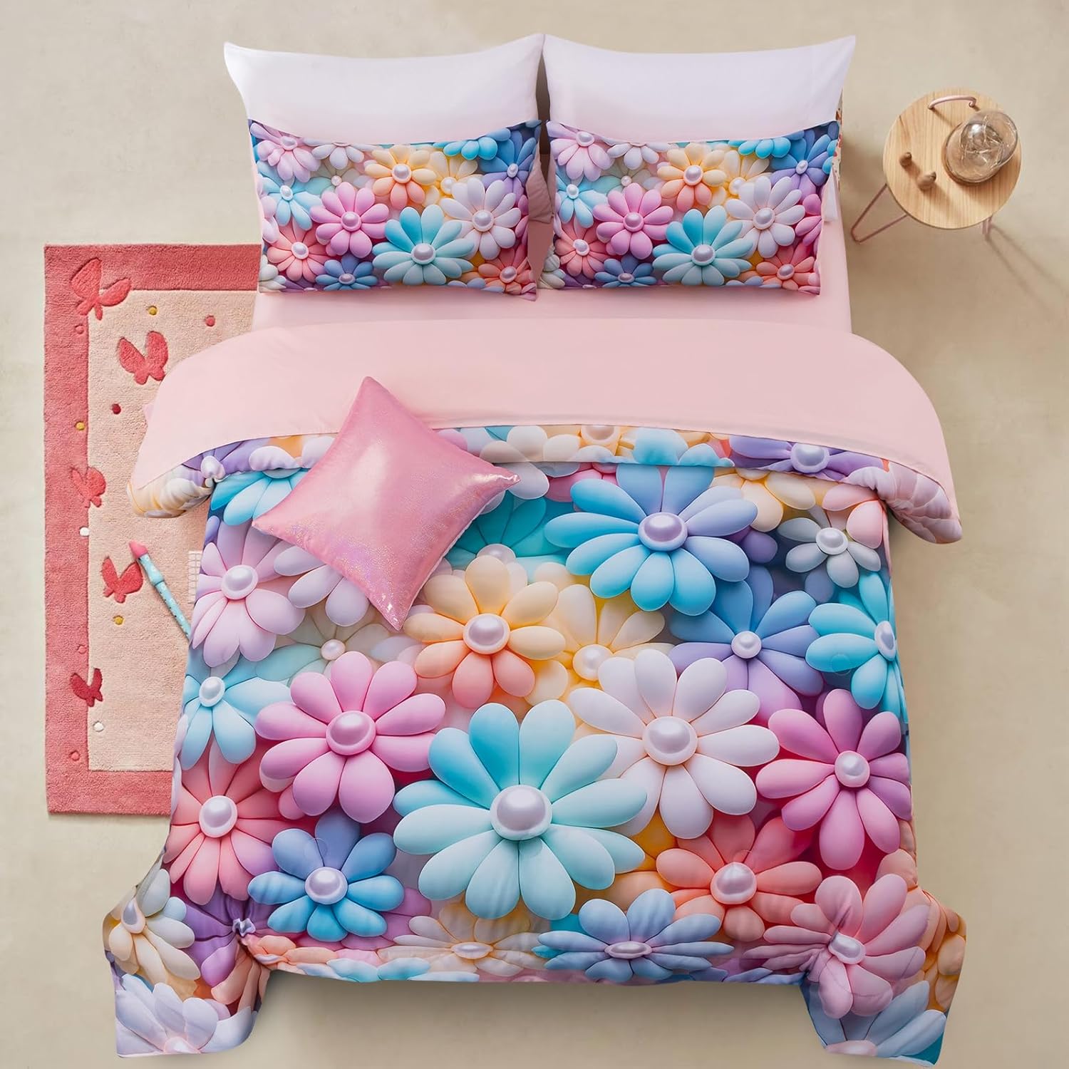 A Nice Night 6Pcs Gradient Glitter Bedding Set for Girls Full Size, Colorful Rainbow Galaxy Comforter Set, Ultra Soft Bedding Sets, Pink
