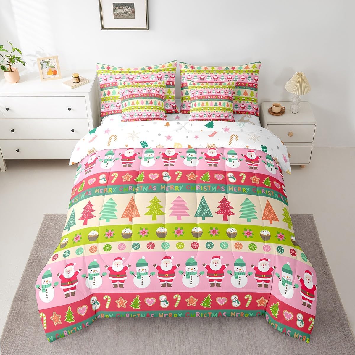 Pink Christmas 7 Piece Bedding Set Full Size Merry Christmas Snowman Bed in a Bag for Boys Girls Bedroom Decor Santa Claus Comforter Set with Sheets,Pillowcases & Cushion Cover Soft Xmas Tree Deer