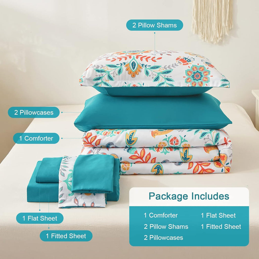 Boho Comforter Set Queen - 7 Pieces Bed in a Bag Floral Medallions Design, Bohemian Comforter Set with Sheets, Soft Microfiber Complete Bedding Sets All Season (Teal Blue, Queen)