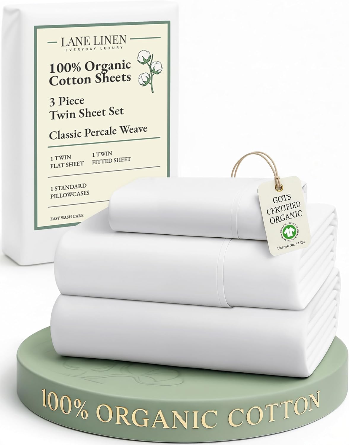 LANE LINEN 100% Organic Cotton King Size Sheets Set, Soft & Comfy All Season Breathable Sheets King Size, Percale Weave Fully Elasticized Eco Friendly Naturally Cooling King White Bed Sheets
