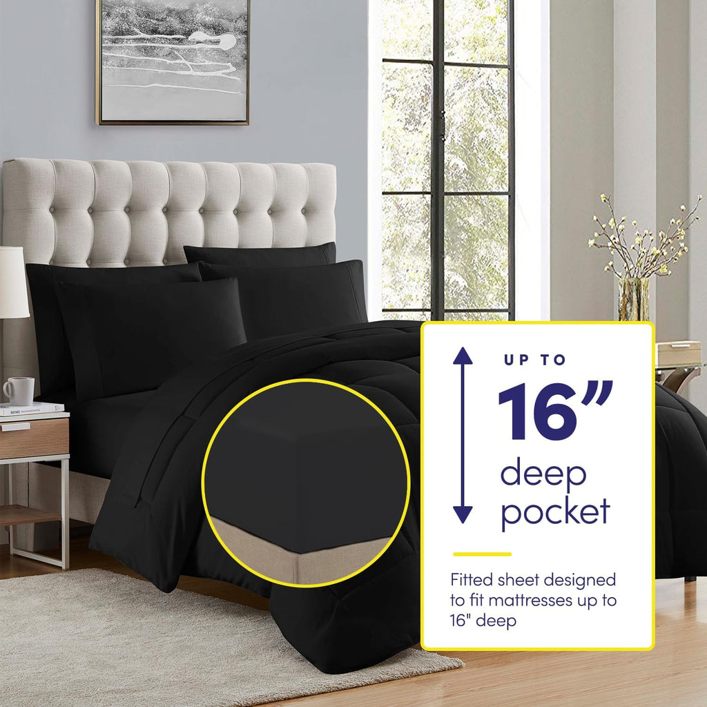 Sweet Home Collection 5 Piece Comforter Set Bag Solid Color All Season Soft Down Alternative Blanket & Luxurious Microfiber Bed Sheets, Black, Twin