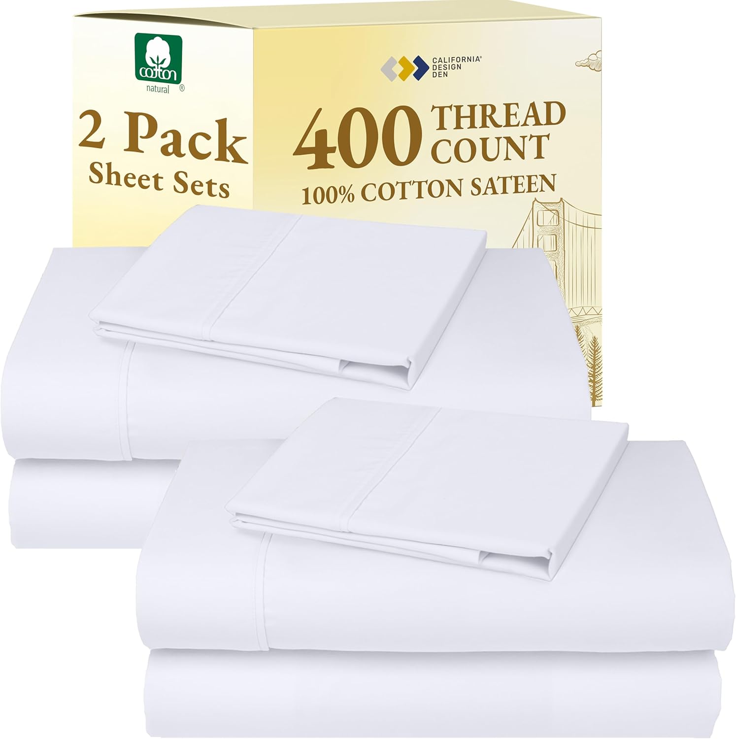 California Design Den King Size Sheets Set - Soft 400 Thread Count Sateen, Natural 100% Cotton Sheets King Size, Deep Pockets with All Around Elastic for a Snug Fit, Cool & Durable Bedding - White