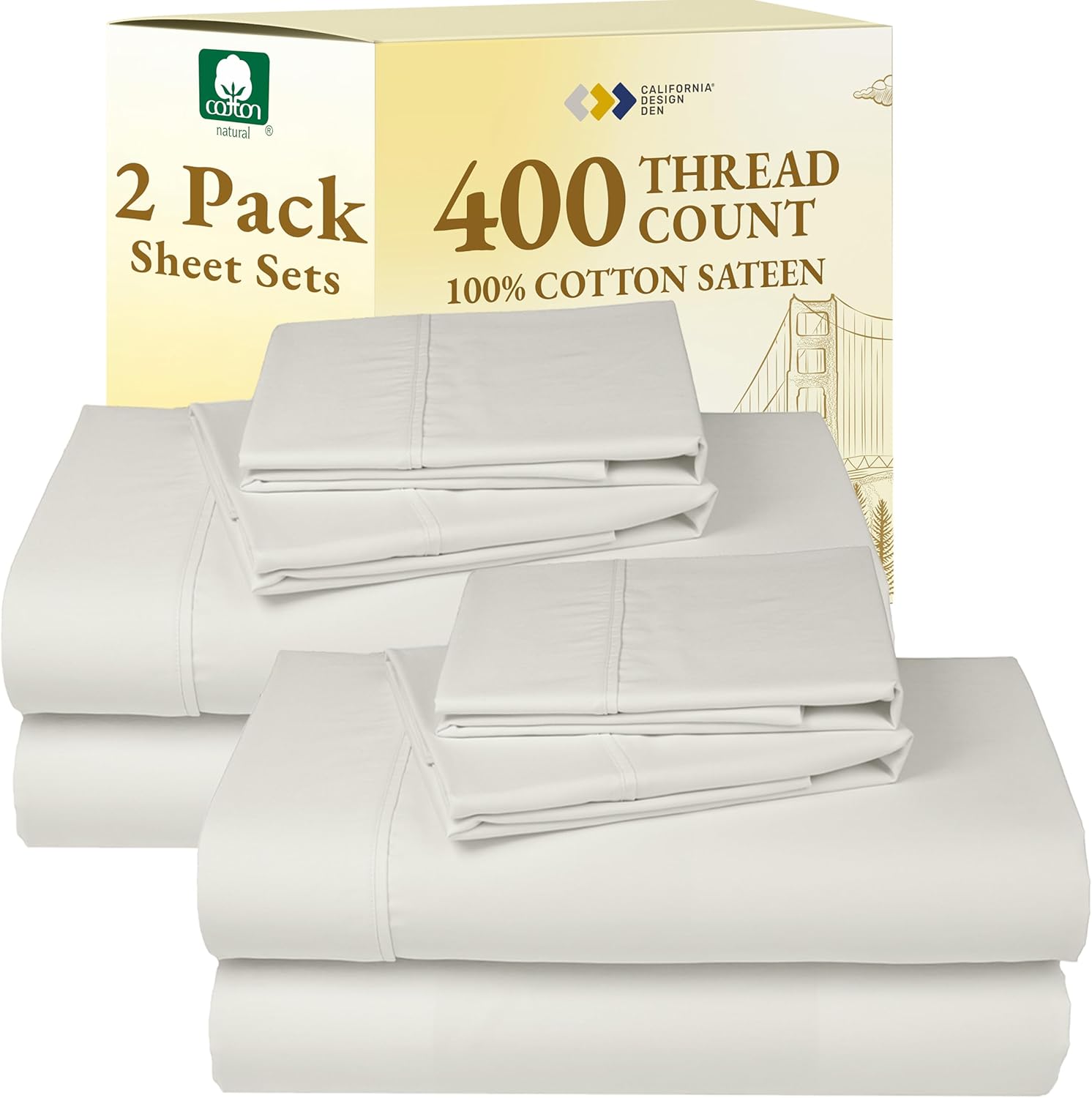California Design Den King Size Sheets Set - Soft 400 Thread Count Sateen, Natural 100% Cotton Sheets King Size, Deep Pockets with All Around Elastic for a Snug Fit, Cool & Durable Bedding - White