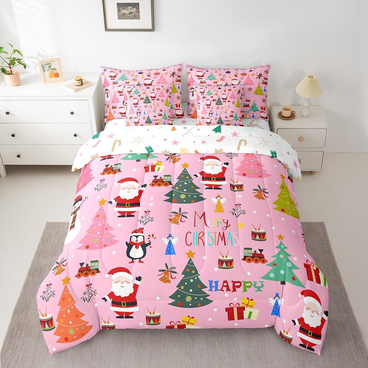 Pink Christmas 7 Piece Bedding Set Full Size Merry Christmas Snowman Bed in a Bag for Boys Girls Bedroom Decor Santa Claus Comforter Set with Sheets,Pillowcases & Cushion Cover Soft Xmas Tree Deer