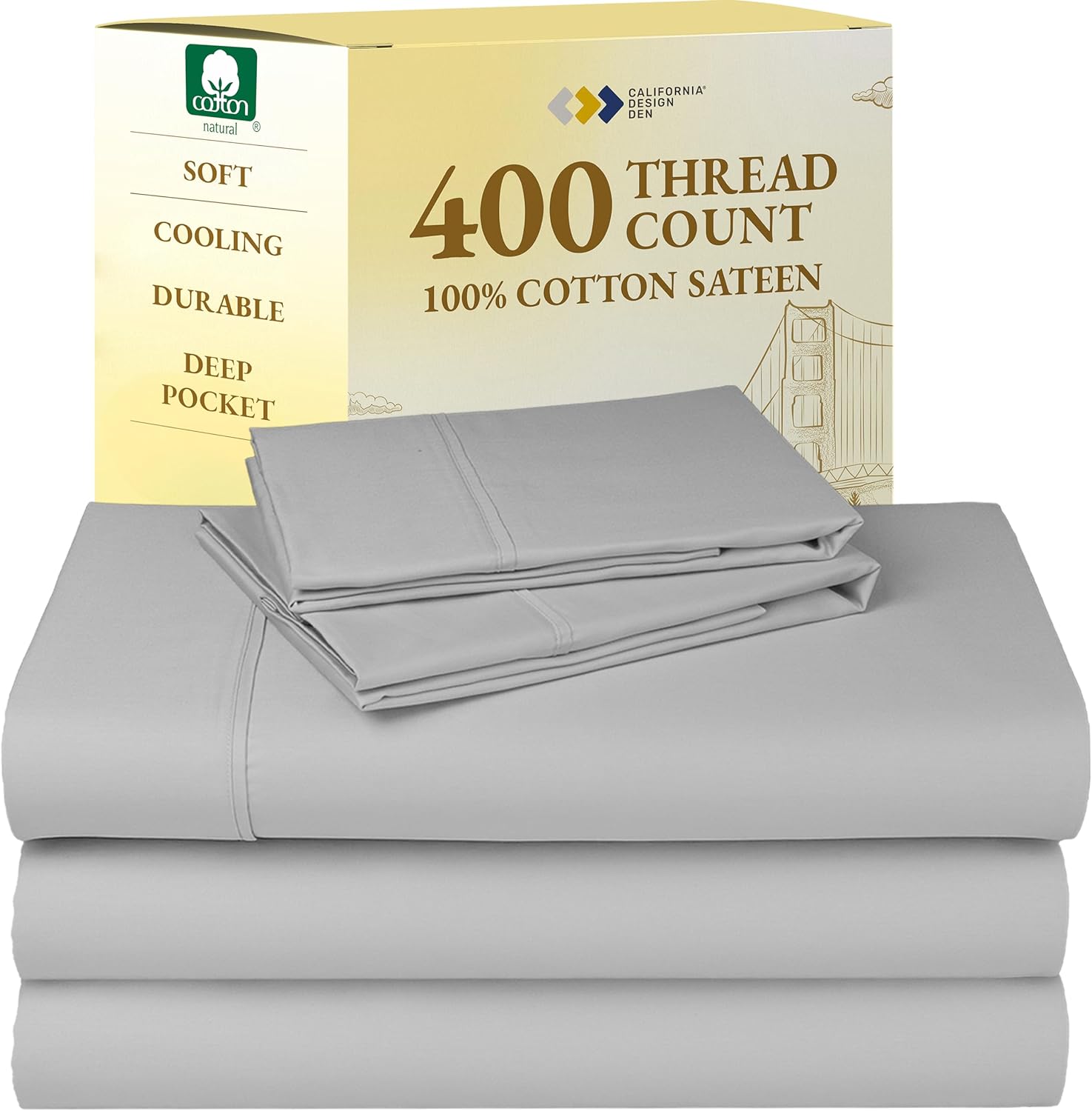 California Design Den King Size Sheets Set - Soft 400 Thread Count Sateen, Natural 100% Cotton Sheets King Size, Deep Pockets with All Around Elastic for a Snug Fit, Cool & Durable Bedding - White