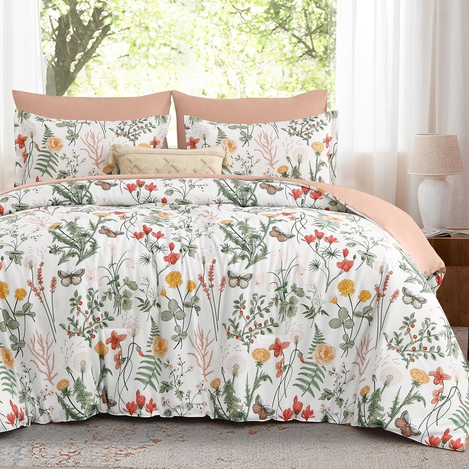 Yiran Queen Comforter Set 7 Piece, Dark Green Floral Bedding Set, Bed in a Bag Queen with Botanical Flowers Patterns, Soft Microfiber Complete Bedding Set with Sheets for All Season