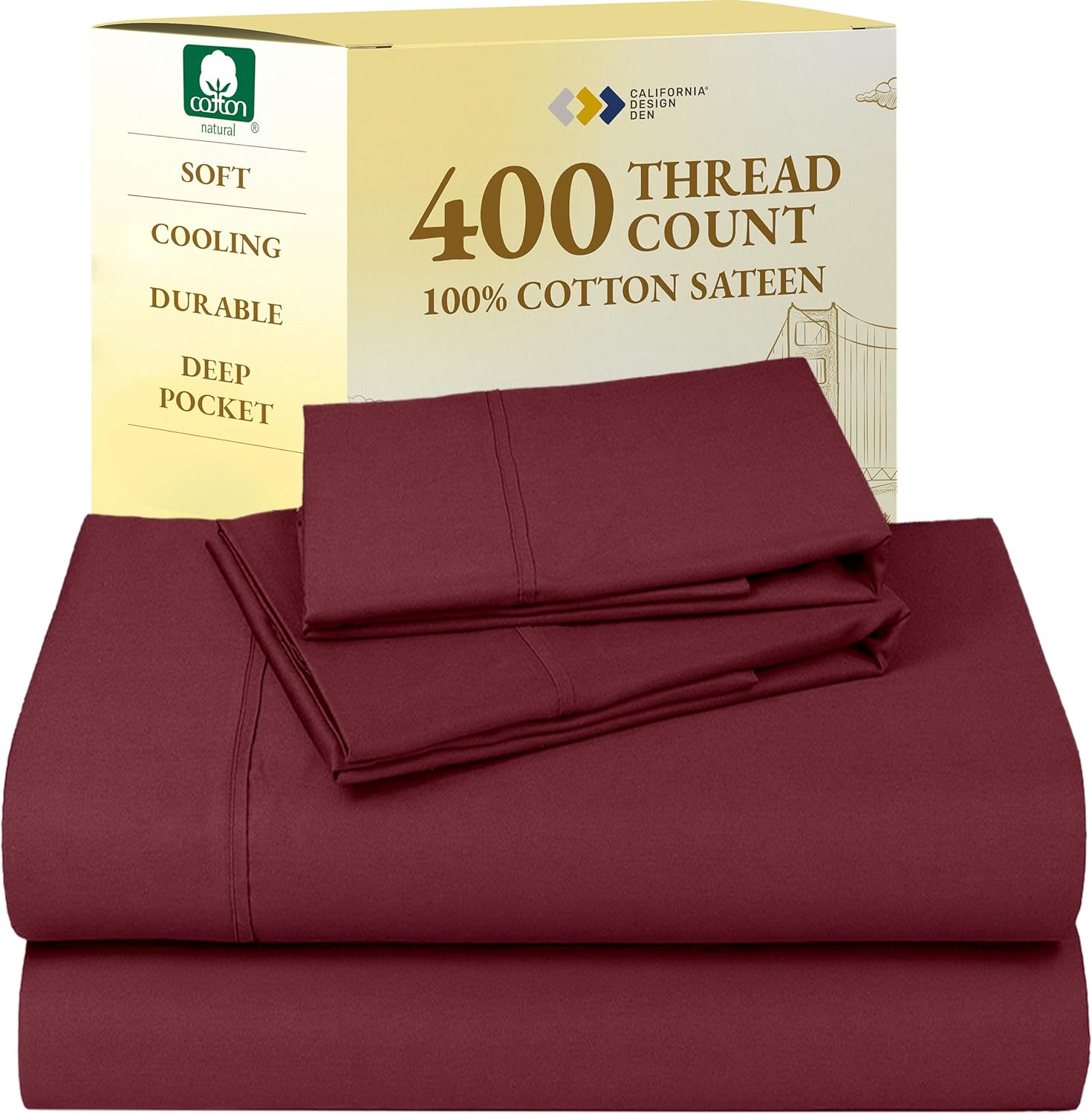California Design Den King Size Sheets Set - Soft 400 Thread Count Sateen, Natural 100% Cotton Sheets King Size, Deep Pockets with All Around Elastic for a Snug Fit, Cool & Durable Bedding - White