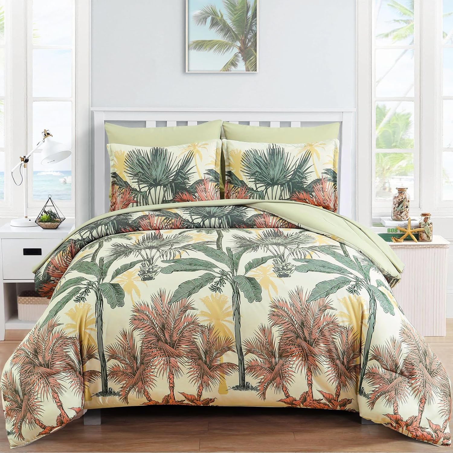WONGS BEDDING Botanical Comforter Set Queen, 7 Pieces Blue Palm Tree Bed in a Bag, Reversiable Soft Microfiber Coastal Beach Bedding with Comforter, Flat Sheet, Fitted Sheet, Pillow Shams Pillowcases