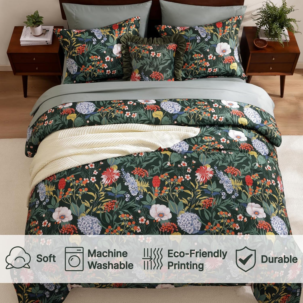 WRENSONGE Queen Comforter Set-7 Pieces Green Botanical Floral Bedding, Flowers Printed Design Queen Bed in a Bag with Botanical Flowers Comforter, Sheets, Pillowcases & Shams