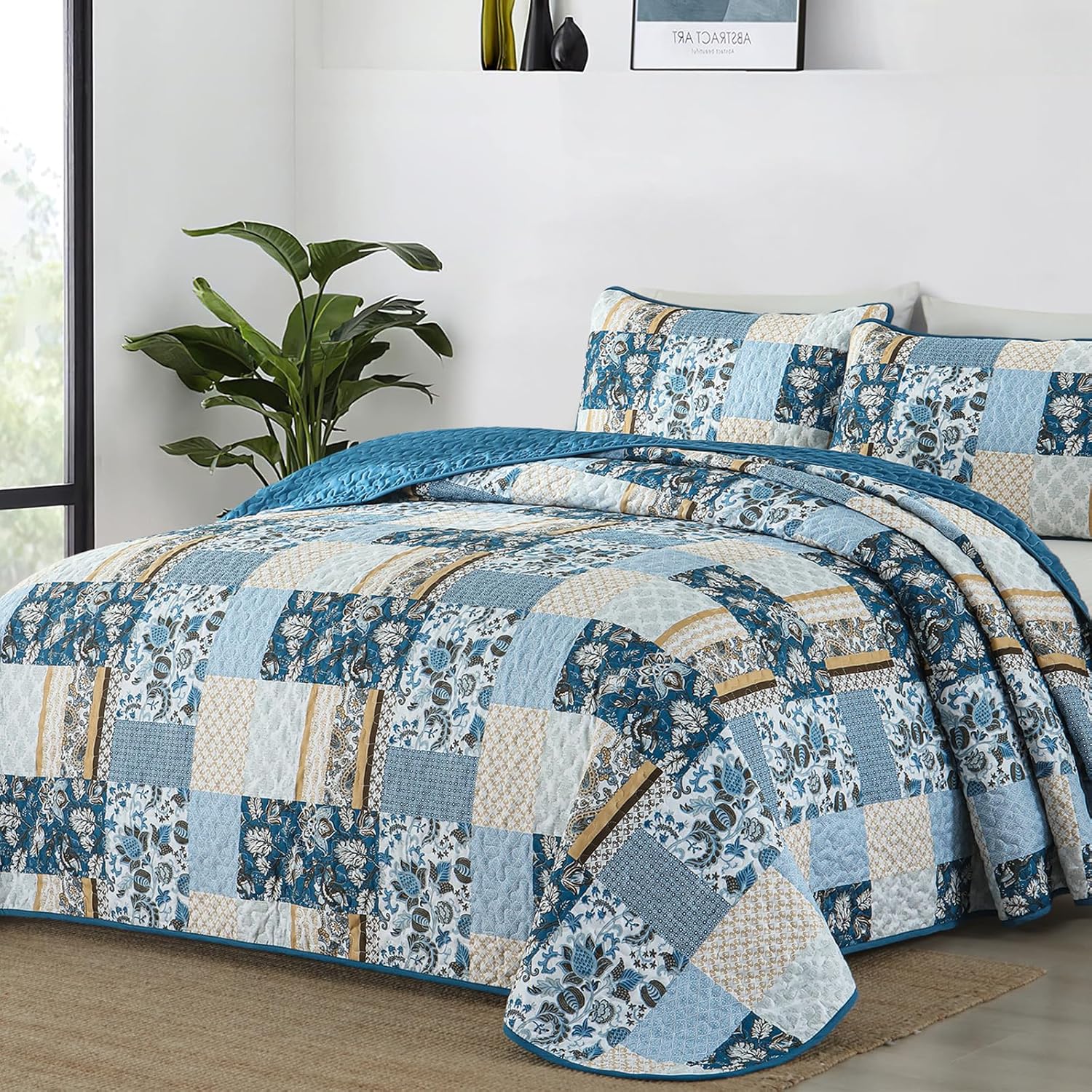 WONGS BEDDING Green Quilt Set King Size，Green Patchwork Plaid Printed Bedspread Coverlet Set，3 Pieces Summer Soft Microfiber Boho Bedding Set with 1 Quilt 2 Pillowcases